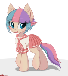 Size: 1597x1764 | Tagged: safe, artist:orang111, oc, oc only, oc:sugar muffin, earth pony, pony, blushing, clothes, cute, female, ocbetes, pleated skirt, school uniform, simple background, skirt, solo, walking, white background
