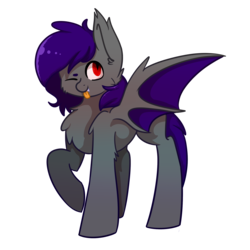 Size: 2000x2000 | Tagged: safe, artist:technowolf, oc, oc only, oc:hunter brutus, bat pony, bat pony oc, cute, high res, male, one eye closed, purple mane, raised hoof, red eyes, simple background, slit pupils, smiling, solo, tongue out, transparent background, wink