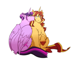 Size: 2500x2000 | Tagged: safe, artist:lydisanowl, sci-twi, sunset shimmer, twilight sparkle, alicorn, pony, unicorn, g4, blushing, cheek kiss, cute, equestria girls ponified, female, high res, kissing, lesbian, ponified, sci-twilicorn, shimmerbetes, ship:sci-twishimmer, ship:sunsetsparkle, shipping, simple background, transparent background, twiabetes, twilight sparkle (alicorn)