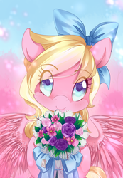 Size: 1800x2600 | Tagged: safe, artist:loyaldis, oc, oc only, oc:bay breeze, pegasus, pony, arm hooves, bouquet, bow, cute, female, flower, hair bow, heart eyes, looking at you, mare, ocbetes, smiling, solo, spread wings, wingding eyes, wings