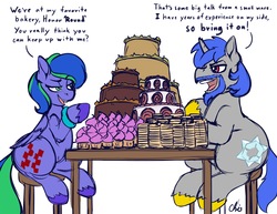 Size: 3300x2550 | Tagged: safe, artist:nekocrispy, colorist:threeareess, oc, oc only, oc:felicity stars, oc:honor bound, pegasus, pony, unicorn, beard, cake, chair, cupcake, dialogue, eating contest, facial hair, female, food, high res, male, mare, simple background, stallion, table, this will end in weight gain, white background