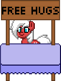 Size: 126x168 | Tagged: safe, oc, oc:velvet love, pony, pony town, booth, free hugs, gif, non-animated gif, sign, simple background, table, tablecloth, transparent background, white hair