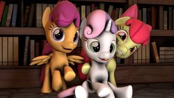 Size: 1024x576 | Tagged: safe, artist:petlover613, apple bloom, scootaloo, sweetie belle, earth pony, pony, g4, 3d, book, bookshelf, cutie mark crusaders, female, filly, library, source filmmaker
