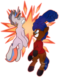 Size: 1024x1339 | Tagged: safe, artist:isaacs-collar, oc, oc only, oc:keychi, oc:ryley, earth pony, pony, unicorn, clothes, fight, glasses, knockout, prehensile mane, simple background, sweater, transparent background
