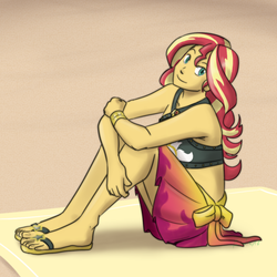 Size: 900x900 | Tagged: safe, artist:funakounasoul, sunset shimmer, equestria girls, equestria girls specials, g4, my little pony equestria girls: better together, my little pony equestria girls: forgotten friendship, clothes, feet, female, flip-flops, sandals, sarong, sitting, smiling, solo, swimsuit