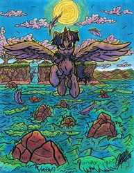 Size: 3862x5000 | Tagged: safe, artist:artponymdp, twilight sparkle, alicorn, pony, g4, absurd resolution, feather, female, flying, ocean, rock, solo, sun, traditional art, twilight sparkle (alicorn)