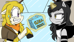 Size: 1920x1080 | Tagged: safe, artist:shonatabeata, pony, :s, blake belladonna, ember celica, glowing horn, grin, horn, levitation, magic, nervous, nervous smile, ponified, rwby, rwby chibi, smiling, sweat, sweatdrop, telekinesis, tuna, unamused, unimpressed, wavy mouth, yang xiao long