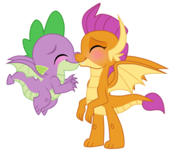 Size: 2370x2100 | Tagged: safe, artist:smallbluetiger, smolder, spike, dragon, g4, molt down, blushing, duo, eyes closed, female, high res, kiss on the lips, kissing, male, ship:spolder, shipping, simple background, straight, transparent background, winged spike, wings