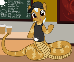 Size: 2968x2510 | Tagged: safe, artist:badumsquish, derpibooru exclusive, applejack, oc, oc only, oc:ninia, lamia, monster pony, original species, tatzlpony, g4, apron, badumsquish is trying to murder us, barista, baseball cap, cap, chalkboard, chubby, clothes, coffee, coffee shop, counter, cute, cute little fangs, drawing, fangs, female, grin, hair net, happy, hat, heart, high res, leaning on table, looking at you, menu, mottled coat, ocbetes, painting, show accurate, sketch, smiling, solo, species swap, sun, table, tatzljack, white hair