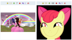 Size: 434x243 | Tagged: safe, apple bloom, daybreaker, princess luna, derpibooru, g4, faic, five nights at freddy's, five nights at freddy's: sister location, funtime foxy, juxtaposition, meta, rainbows, wat