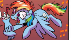 Size: 292x165 | Tagged: safe, artist:brenda hickey, edit, idw, official comic, rainbow dash, pegasus, pony, friendship is magic #63, g4, spoiler:comic, bloodshot eyes, brown background, cropped, female, flying, hoof hold, mare, milkshake, open mouth, rainbowsnap, simple background, solo