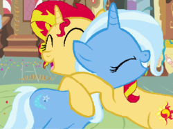 Size: 1816x1358 | Tagged: safe, artist:soulapple1031, sunset shimmer, trixie, pony, unicorn, equestria girls, equestria girls specials, g4, my little pony equestria girls: better together, my little pony equestria girls: forgotten friendship, duo, eyes closed, female, happy, hug, mare