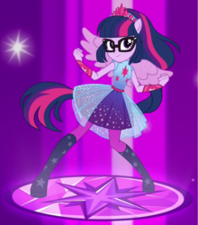 Size: 915x1040 | Tagged: safe, screencap, sci-twi, twilight sparkle, equestria girls, equestria girls specials, g4, my little pony equestria girls: forgotten friendship, clothes, cropped, dress, female, fist, glasses, ponied up, solo, transformation