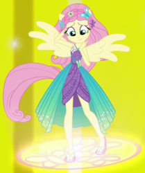 Size: 880x1055 | Tagged: safe, screencap, fluttershy, equestria girls, equestria girls specials, g4, my little pony equestria girls: better together, my little pony equestria girls: forgotten friendship, beautiful, clothes, cropped, cute, female, looking down, ponied up, shyabetes, slippers, smiling, solo, super sentai stance, transformation