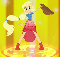 Size: 1015x960 | Tagged: safe, screencap, applejack, equestria girls, equestria girls specials, g4, my little pony equestria girls: forgotten friendship, alternate hairstyle, clothes, cowboy hat, cropped, dress, female, freckles, hat, ponied up, solo, stetson, transformation