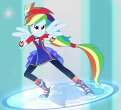 Size: 1125x1020 | Tagged: safe, screencap, rainbow dash, equestria girls, equestria girls specials, g4, my little pony equestria girls: better together, my little pony equestria girls: forgotten friendship, clothes, cropped, geode of super speed, magical geodes, pants, ponied up, solo, super sentai stance, transformation