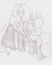 Size: 1695x2121 | Tagged: safe, artist:dp360, oc, oc:spirit brush, oc:war, pony, unicorn, clothes, dress, female, mare, monochrome, scarf, socks, striped socks, traditional art