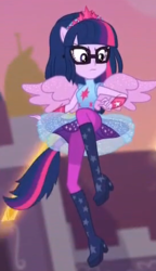 Size: 273x474 | Tagged: safe, screencap, sci-twi, twilight sparkle, equestria girls, equestria girls specials, g4, my little pony equestria girls: better together, my little pony equestria girls: forgotten friendship, cropped, female, flying, glasses, looking down, ponied up, solo, super ponied up