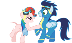 Size: 8799x5318 | Tagged: safe, artist:fruft, edit, editor:slayerbvc, vector edit, rainbow dash, soarin', pegasus, pony, g4, newbie dash, absurd resolution, bald, bedroom eyes, casual nudity, clothed male nude female, clothes, female, furless, furless edit, goggles, male, mare, no shame, nude edit, nudity, plucked, rainbow fash, raised hoof, shaved, shaved tail, simple background, squishy chest, stallion, towel, transparent background, uniform, vector, wonderbolts uniform