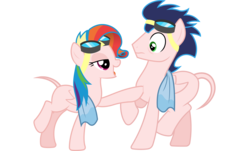 Size: 8799x5318 | Tagged: safe, artist:fruft, edit, editor:slayerbvc, vector edit, rainbow dash, soarin', pegasus, pony, g4, newbie dash, absurd resolution, bald, bedroom eyes, casual nudity, female, furless, furless edit, goggles, male, mare, nude edit, nudity, plucked, rainbow fash, raised hoof, shaved, shaved tail, simple background, squishy chest, stallion, towel, transparent background, vector