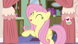 Size: 1280x720 | Tagged: safe, screencap, fluttershy, pegasus, pony, discordant harmony, g4, cute, female, ginseng teabags, happy, mare, raised hoof, shyabetes, solo