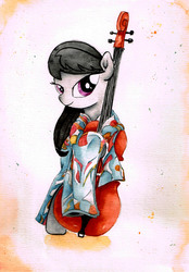 Size: 2389x3437 | Tagged: safe, artist:mashiromiku, octavia melody, earth pony, pony, g4, cello, clothes, female, high res, kimono (clothing), musical instrument, solo, traditional art