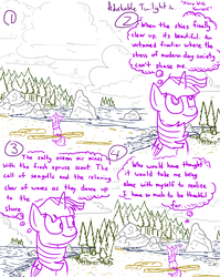 Size: 4779x6013 | Tagged: safe, artist:adorkabletwilightandfriends, twilight sparkle, alicorn, pony, comic:adorkable twilight and friends, g4, absurd resolution, adorkable twilight, alone, back, beach, butt, camping, coast, comic, forest, lineart, log, nature, ocean, plot, sitting, slice of life, twilight sparkle (alicorn)