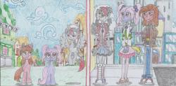 Size: 2247x1106 | Tagged: safe, artist:nephilim rider, oc, oc:crimson spirit, oc:heaven lost, oc:lila lovely, pony, equestria girls, g4, city, equestria girls-ified, ponified, ponyville, street, traditional art