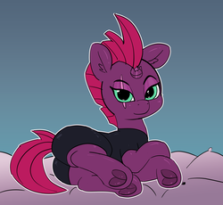 Size: 3951x3635 | Tagged: safe, artist:pabbley, tempest shadow, pony, unicorn, g4, my little pony: the movie, broken horn, eye scar, female, frog (hoof), high res, horn, looking at you, lying down, mare, pillow, scar, solo, sultry pose, underhoof