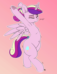 Size: 4210x5457 | Tagged: safe, artist:pabbley, princess cadance, alicorn, pony, g4, absurd resolution, arm hooves, armpits, backbend, belly button, bipedal, cute, cutedance, eyes closed, female, frog (hoof), gradient background, mare, smiling, solo, stretching, underhoof, white outline