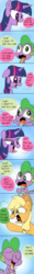 Size: 500x4028 | Tagged: safe, artist:emositecc, applejack, spike, twilight sparkle, dragon, earth pony, pony, g4, annoyed, applejack's hat, comic, cowboy hat, hat