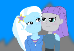 Size: 797x544 | Tagged: safe, artist:grapefruitface1, maud pie, trixie, equestria girls, g4, blushing, clothes, female, frown, lesbian, request, requested art, ship:mauxie, shipping, smiling