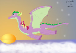 Size: 900x631 | Tagged: safe, artist:gogglesparks, apple bloom, spike, dragon, earth pony, pony, g4, blank flank, cloud, female, filly, male, mist, older, older spike, ponies riding dragons, riding, ship:spikebloom, shipping, size difference, straight, sun, sunset, water, winged spike, wings