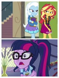 Size: 3106x4096 | Tagged: safe, edit, edited screencap, screencap, sci-twi, sunset shimmer, trixie, twilight sparkle, equestria girls, equestria girls specials, g4, my little pony equestria girls: better together, my little pony equestria girls: forgotten friendship, my little pony equestria girls: legend of everfree