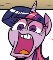 Size: 358x405 | Tagged: safe, artist:brendahickey, idw, official comic, twilight sparkle, alicorn, pony, g4, spoiler:comic, spoiler:comic63, cropped, faic, female, mare, open mouth, solo, twilight sparkle (alicorn), volumetric mouth, wat