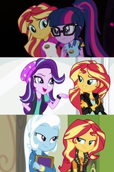 Size: 1703x2560 | Tagged: safe, edit, edited screencap, screencap, sci-twi, starlight glimmer, sunset shimmer, trixie, twilight sparkle, equestria girls, equestria girls series, equestria girls specials, forgotten friendship, g4, mirror magic, my little pony equestria girls: legend of everfree, beanie, hat, sunset shimmer gets all the mares