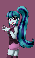 Size: 900x1500 | Tagged: safe, artist:nekojackun, sonata dusk, equestria girls, g4, my little pony equestria girls: rainbow rocks, clothes, cute, female, looking at you, open mouth, ponytail, purple background, simple background, skirt, smiling, socks, solo, sonatabetes, thigh highs