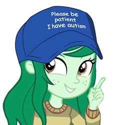 Size: 400x400 | Tagged: safe, edit, wallflower blush, equestria girls, equestria girls series, g4, autism, female, freckles, hat, meme, please be patient i have autism, simple background, smiling, solo, white background