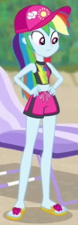 Size: 265x765 | Tagged: safe, screencap, rainbow dash, equestria girls, equestria girls specials, g4, my little pony equestria girls: better together, my little pony equestria girls: forgotten friendship, beach, beach chair, cap, chair, clothes, cropped, feet, female, flip-flops, geode of super speed, hand on hip, hands on waist, hat, legs, magical geodes, midriff, rainbow dash's beach shorts swimsuit, sandals, shorts, solo