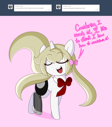 Size: 3500x4000 | Tagged: safe, artist:fullmetalpikmin, oc, oc only, oc:cherry blossom, pony, unicorn, tumblr:ask viewing pleasure, amputee, ask, bow, eye clipping through hair, eyes closed, female, hair bow, mare, pigtails, pink background, prosthetic limb, prosthetics, simple background, tumblr, twintails