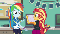 Size: 1920x1080 | Tagged: safe, screencap, rainbow dash, sunset shimmer, equestria girls, equestria girls specials, g4, my little pony equestria girls: better together, my little pony equestria girls: forgotten friendship, ass, bunset shimmer, butt, canterlot high, classroom, clothes, computer, computer mouse, discovery family logo, duo, duo female, female, geode of super speed, jacket, magical geodes, monitor