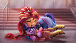 Size: 3840x2180 | Tagged: safe, artist:vanillaghosties, sci-twi, sunset shimmer, twilight sparkle, pony, unicorn, equestria girls, equestria girls specials, g4, my little pony equestria girls: better together, my little pony equestria girls: forgotten friendship, alternate hairstyle, clothes, crying, cute, daaaaaaaaaaaw, eyes closed, female, glasses, high res, hug, mare, open mouth, ponied up, ponified, sci-twilicorn, shimmerbetes, tears of joy, twiabetes