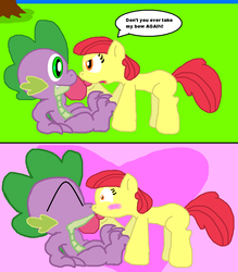 Size: 1032x1179 | Tagged: safe, alternate version, artist:tagman007, apple bloom, spike, g4, apple bloom's bow, blank flank, blushing, bow, cute, female, filly, foal, grass, hair bow, heart, kiss on the lips, kissing, love, male, ship:spikebloom, shipping, straight
