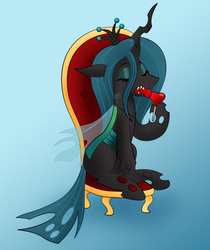 Size: 2188x2608 | Tagged: safe, artist:poseidonathenea, queen chrysalis, changeling, changeling queen, g4, candy, februpony, female, food, high res, licking, lollipop, simple background, solo, throne, tongue out