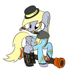 Size: 1280x1280 | Tagged: safe, artist:phat_guy, derpibooru exclusive, derpy hooves, pegasus, pony, g4, boots, clothes, crossover, derpy soldier, female, hat, hoof boots, hornblower, jacket, mantreads, mare, market gardener, melee, melee weapon, mouth hold, raised leg, rocket jumper, rocket launcher, shoes, shovel, simple background, soldier, soldier (tf2), solo, standing, team fortress 2, transparent background, video game, weapon