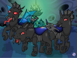 Size: 920x690 | Tagged: safe, artist:princesshighmist, changeling, g1, g4, alternate design, changeling hive, chrysalis' throne, g4 to g1, generation leap, long tongue, mandibles, red eyes, reimagine, tongue out, trio