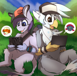 Size: 1543x1539 | Tagged: safe, artist:meggchan, oc, oc only, oc:ganix, oc:vintage collection, griffon, growlithe, hippogriff, weavile, 3ds, bracelet, claws, clothes, commission, cosplay, costume, cute, fluffy, gaming, grass, hat, jewelry, male, nintendo, open mouth, pictogram, pokémon, smiling, talons, video game, wristband