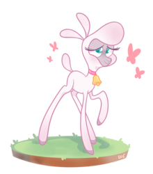 Size: 1628x1852 | Tagged: safe, artist:waackery, pom (tfh), butterfly, lamb, sheep, them's fightin' herds, bell, bell collar, cloven hooves, collar, community related, digital art, female, grass, heart eyes, simple background, solo, standing, transparent background, wingding eyes