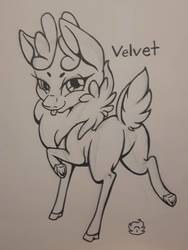Size: 543x721 | Tagged: safe, artist:nekotigerfire, part of a set, velvet (tfh), deer, reindeer, them's fightin' herds, community related, female, monochrome, solo, standing, tongue out, traditional art