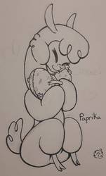 Size: 425x705 | Tagged: safe, artist:nekotigerfire, part of a set, paprika (tfh), alpaca, them's fightin' herds, community related, eyes closed, female, heart, heart pillow, hug, monochrome, pillow, pillow hug, sitting, solo, traditional art